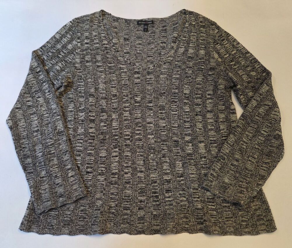 Eileen Fisher Sweater Womens Small Silk Organic Linen Blend Gray/Black Lagenlook